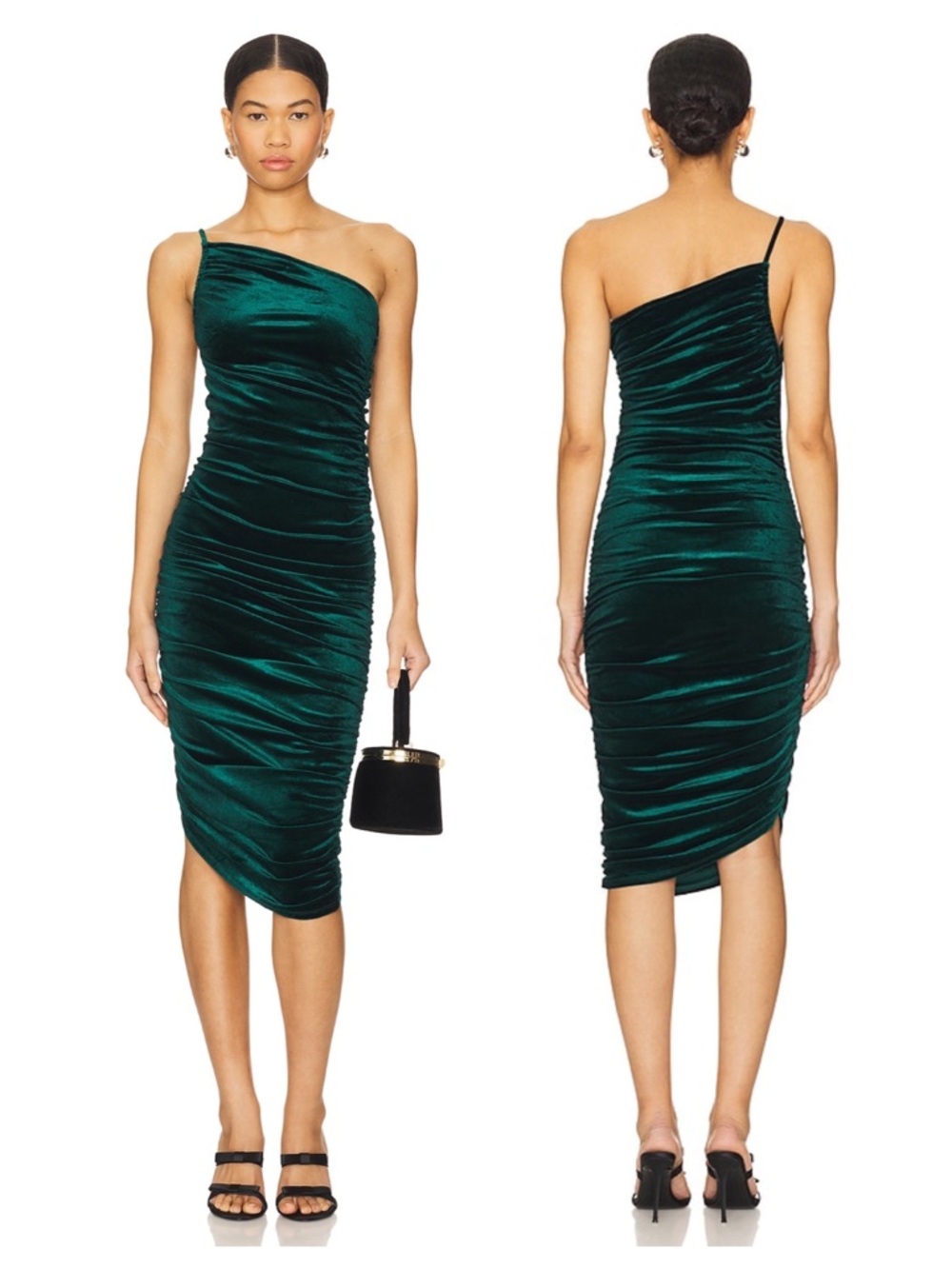 Lovers and Friends Milwood Midi Dress Small Green Velour One Shoulder Ruched